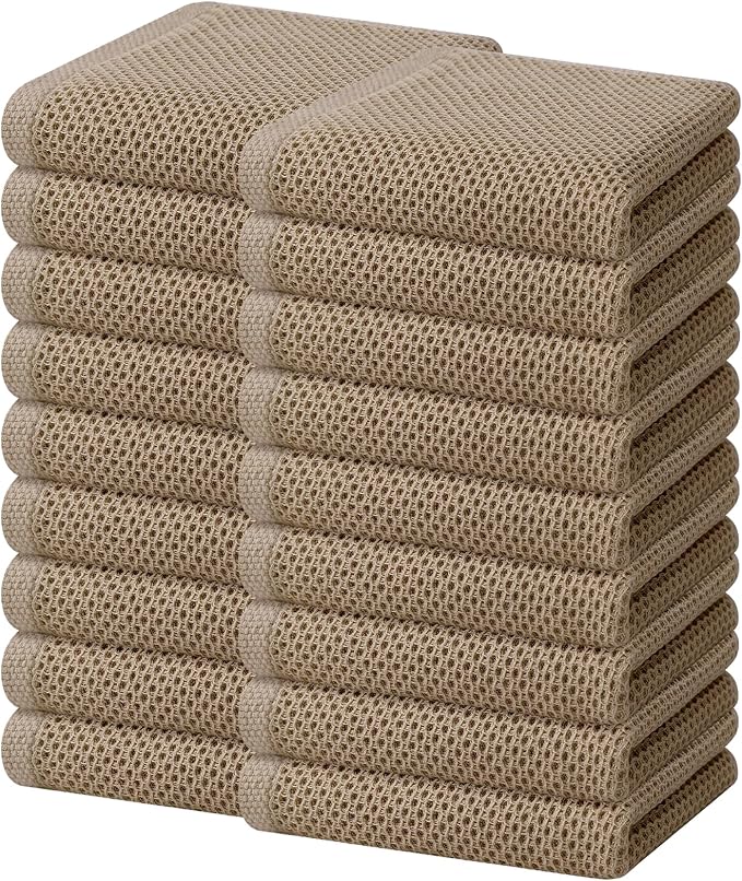 Homaxy 100% Cotton Waffle Weave Kitchen Dish Towels, Ultra Soft Absorbent Quick Drying Cleaning Towel, 13 x 28 Inches, 18-Pack, Tan