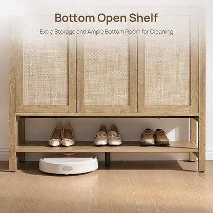 SICOTAS Rattan Shoe Cabinet for Entryway - 2 Pieces Large Boho Shoe Storage Organizer with Adjustable Shelves & 3 Doors, Tall Shoe Rack Cabinet for Hallway, Living Room (Carbon Cherry)