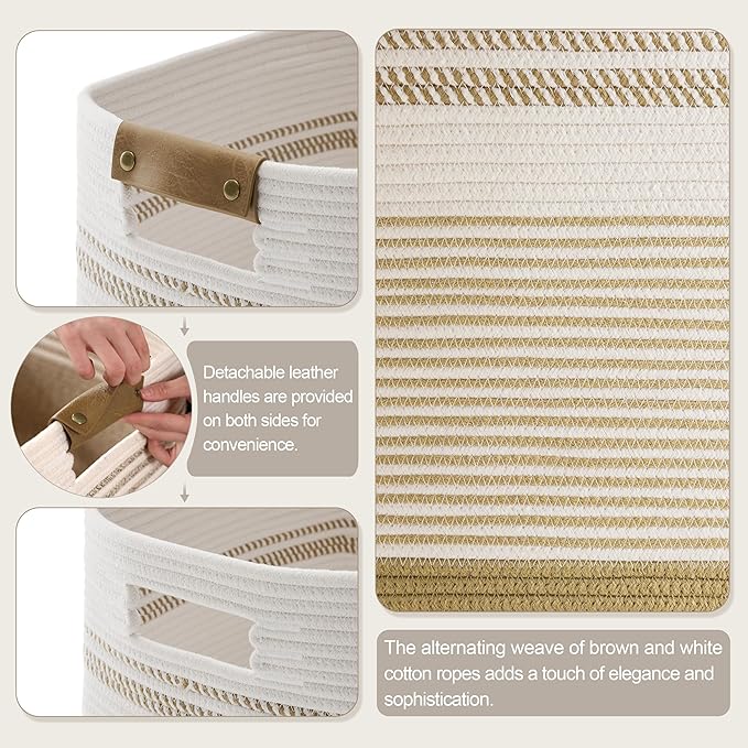 SunNewt 85L Tall Laundry Hamper with Handles for Living Room Storage, Extra Large Woven Rope Baskets Bin for Blanket, Kids Toy, Gifts, Wicker Hamper for Bedroom Dirty Clothes, 17"x14"x22" Khaki
