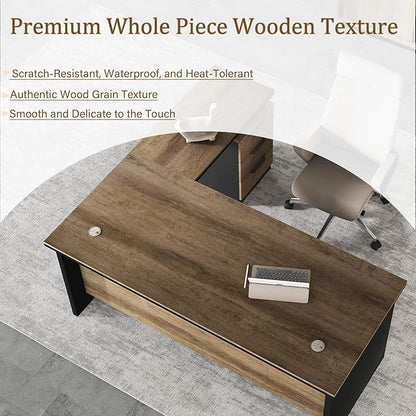SAINTCY 63 Inch L-Shaped Executive Desk, Industrial Modern Wood Office Desk with 3 Drawers, Built-in Cable Management & Power Outlet, Real Wood Finish, Reversible Left/Right Return Home Workstation