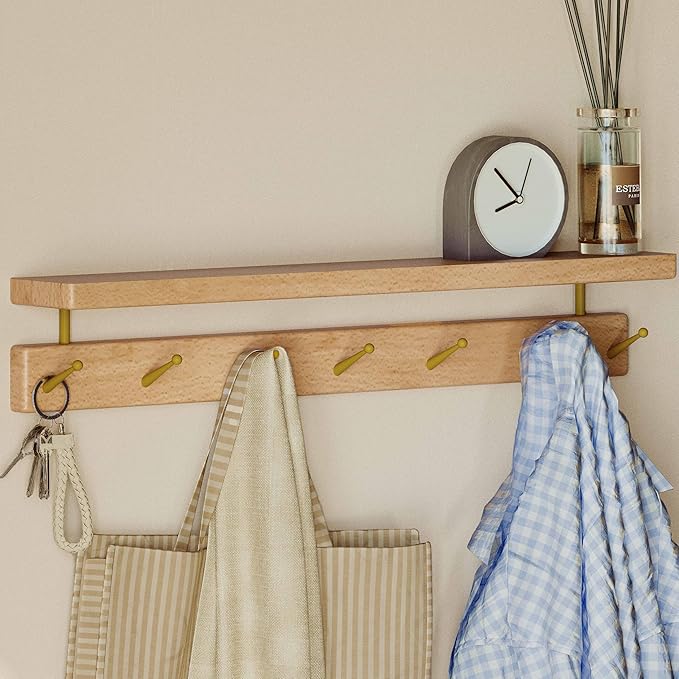 Solid Wood Wall Hooks with Shelf, Coat Rack Wall Mount, Entryway Hanging Shelf with 7 Brass Hooks for Hats, Clothes, Towels, Bags, Beech Wood, Natural