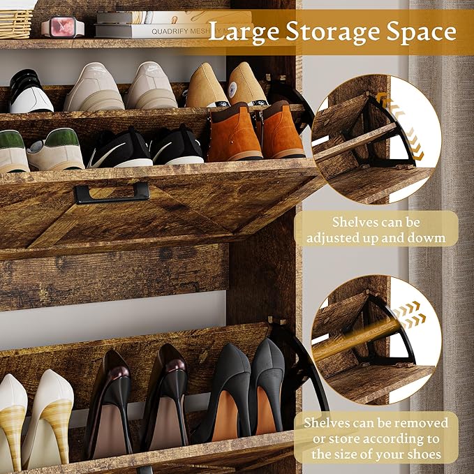 Shoe Cabinet with 2 Flip Drawers, 45" Freestanding Narrow Wood Shoe Storage Cabinet with Metal Legs and Hooks, Slim Shoe Rack Organizer for Entryway, Hallway, Brown