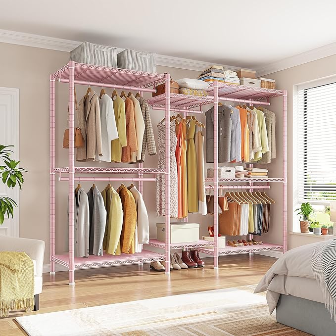 Raybee Clothes Rack, Clothing Racks for Hanging Clothes, L Shaped Clothing Rack for Corner 900LBS Heavy Duty Clothes Rack Garment Rack 74.5" W X 18" D X 77" H, Pink