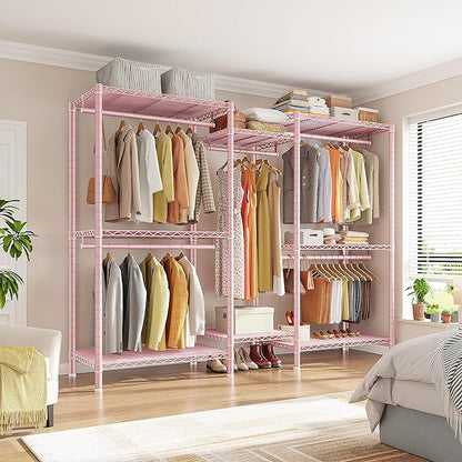 Raybee Clothes Rack, Clothing Racks for Hanging Clothes, L Shaped Clothing Rack for Corner 900LBS Heavy Duty Clothes Rack Garment Rack 74.5" W X 18" D X 77" H, Pink