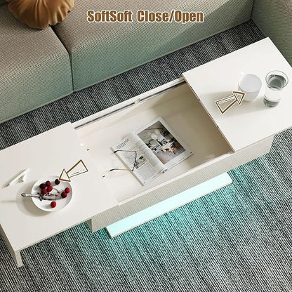 White LED Coffee Table with Storage for Living Room, Living Room Table Rectangular Center Table, Modern High Glossy Wooden Coffee Tables with 16 Colors LED Lights for Dining Reception Room