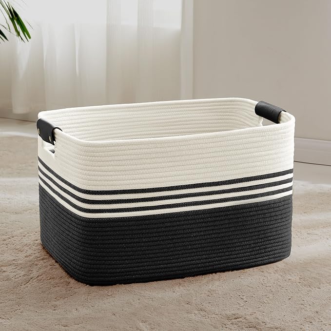 SunNewt 72L Large Laundry Basket with Leather Handles for Living Room Storage, Woven Rope Baskets Bin for Blanket, Kids Toy, Gifts, Wicker Hamper for Bedroom Dirty Clothes, 22"x17"x12" White Black