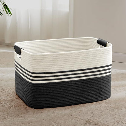 SunNewt 72L Large Laundry Basket with Leather Handles for Living Room Storage, Woven Rope Baskets Bin for Blanket, Kids Toy, Gifts, Wicker Hamper for Bedroom Dirty Clothes, 22"x17"x12" White Black