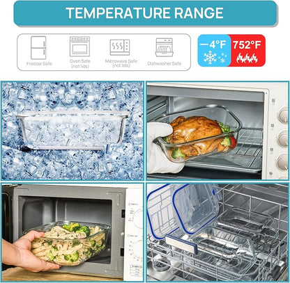Vtopmart 2Pack 2260ml/ 76.4oz Large Glass Storage Containers with Lids, Meal Prep Food Container Set with Snap Airtight Lid for Baking, Microwave, Oven, Leak Proof, for Freezer, Dishwasher, Blue