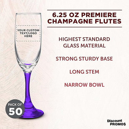 DISCOUNT PROMOS Custom Premiere Champagne Flutes 6.25 oz. Set of 50, Personalized Bulk Pack - Elegant Drinkware for Weddings, Events, & Promotional Gifts - Purple