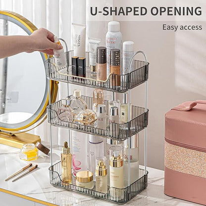 Akinbas 3 Tier Bathroom Organizer Countertop Makeup Perfume Tray Skincare Organizer for Bathroom Dresser Vanity (Grey)