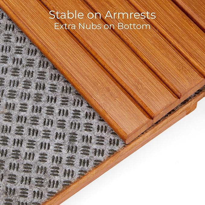 DETOR Couch Arm Tray with Spacious 12.4" x 5.4" Storage Box, Acacia Stained Bamboo Finish, Enhanced Non-Slip Felt Bottom, Sturdy Bamboo Slats, Fits Armrests 6" and Wider