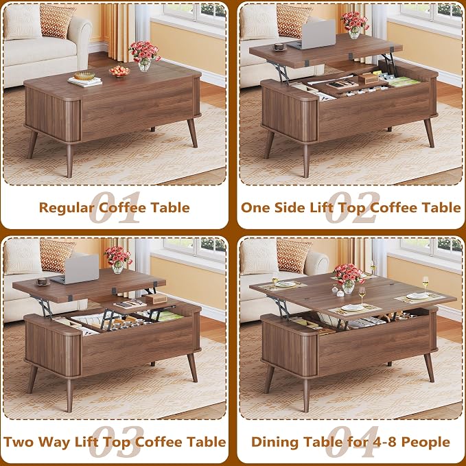 HUAHUU Lift Top Coffee Table with Storage, 40" Square Coffee Table with 3 Hidden Compartments, Modern Center Table with Lifting top, Converts to Dining Table for Living Room, Home Office, Walnut