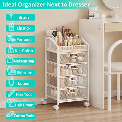 HapiRm Rolling Makeup Cart Organizer - Under Desk Makeup Storage with Wheels, Floor Make up Cart Skincare Organizers Desk Vanity Storage Organizer Cabinet for Cosmetics Makeup Brush Hair Tool, White