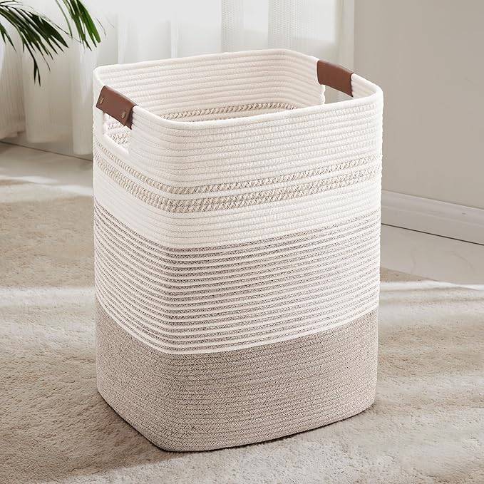 SunNewt 85L Tall Laundry Hamper with Handles for Living Room Storage, Extra Large Woven Rope Baskets Bin for Blanket, Kids Toy, Gifts, Wicker Hamper for Bedroom Dirty Clothes, 17"x14"x22" White Brown