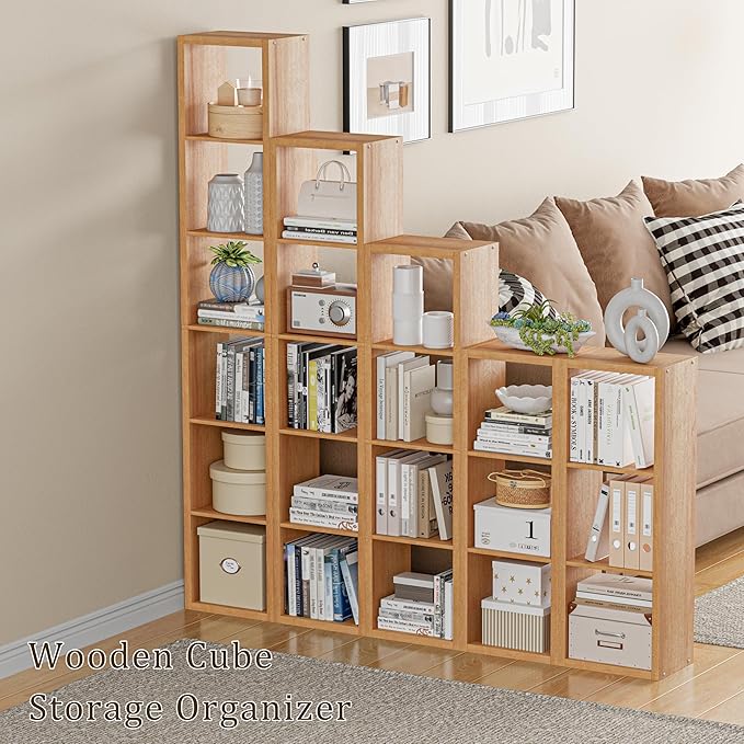 Tall Cube Storage Organizer Bookcase, 5 Tier 11 inch Open Back Cubical Shelf with Thickened Border, Display Bookshelf for Living Room, Home Office, Sturdy Room (Natural Oak, 5 Cube,Vertical)