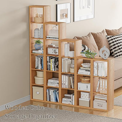 Tall Cube Storage Organizer Bookcase, 5 Tier 11 inch Open Back Cubical Shelf with Thickened Border, Display Bookshelf for Living Room, Home Office, Sturdy Room (Natural Oak, 5 Cube,Vertical)