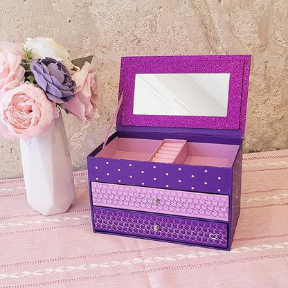 Girls' Purple Glitter Jewelry Box with Mirror and Compartments, 8.5 x 5 x 5 inches