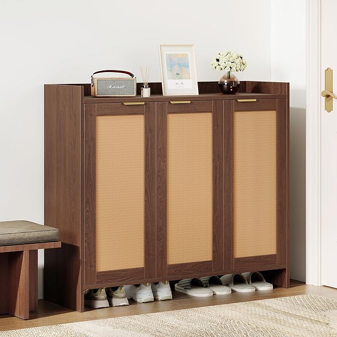 Shoe Cabinet, 41" Tall Rattan Shoe Storage Organizer Cabinet, Adjustable Shelves, 6-Tier Farmhouse Boho Wooden Storage Cabinet for Entryway Hallway Closet Bedroom,Walnut