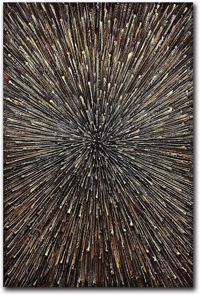 moshinart 24 x 36in Hand-Painted Oil Painting 3D Texture Sense of Space Gold Firework Modern Minimalist Colorful Abstract Wall Art, Home Office Wall Decoration Gold