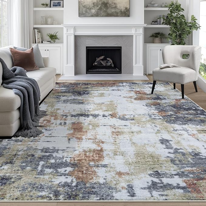 9x12 Area Rugs for Living Room Rug Washable: Abstract Large Rug for Dining Room Bedroom Carpet Non Slip 9 by 12 Indoor Modern Nursery Home Office Yellow Brown