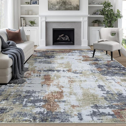 9x12 Area Rugs for Living Room Rug Washable: Abstract Large Rug for Dining Room Bedroom Carpet Non Slip 9 by 12 Indoor Modern Nursery Home Office Yellow Brown