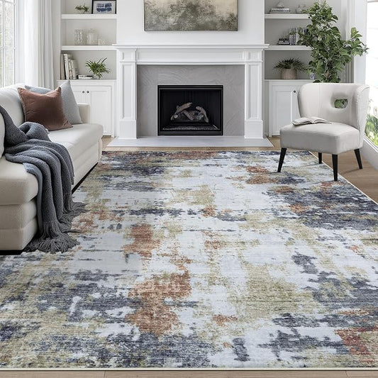 9x12 Area Rugs for Living Room Rug Washable: Abstract Large Rug for Dining Room Bedroom Carpet Non Slip 9 by 12 Indoor Modern Nursery Home Office Yellow Brown