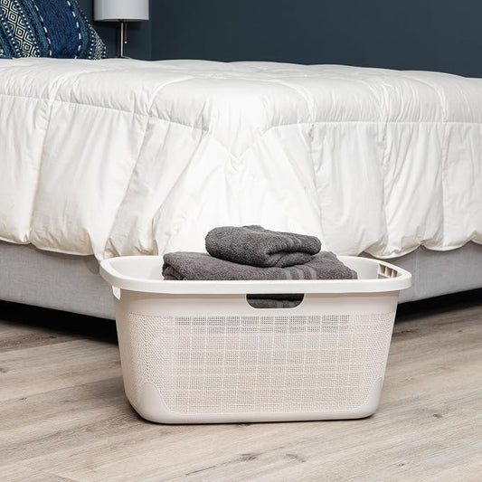 Mind Reader 40L Laundry Basket, Linen Design Clothes Hamper, Plastic Storage Bin with Handles, Ivory