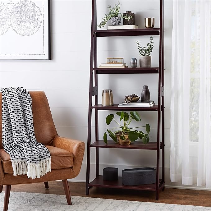Amazon Basics 5-Tier Ladder Bookshelf Storage Organizer, Solid Rubberwood Frame, Space-Saving Bookcase, Sturdy Shelves, Walnut Finish, 14" D x 24.8" W x 70.1" H