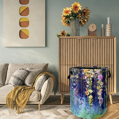 Beautiful Blue Green Floral Laundry Basket Foldable With Handles Tote Bag Oxford Cloth Colorful Laundry Hamper Clothes Storage Bucket Toy Organizer 18.9"x16.5" For Bathroom/Laundry/Bedroom