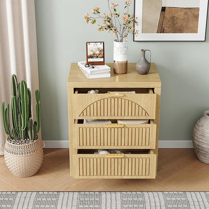 3 Drawer Dresser, Farmhouse Fluted Chest of Drawers, Wooden End Table, Mid- Century Modern Bedroom Nightstand Side Table for Bedrooms, Closets, Hallways, and Entryways, Natural
