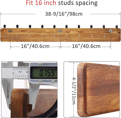 WEBI Coat Rack Wall Mount,38 9/16" Long,10 Hooks,Coat Hooks Wall Mounted,Coat Hanger Wall,Farmhouse Wood Hook Rack Rail,Triple Hooks for Hanging Coats,Clothes,Jacket,Brown