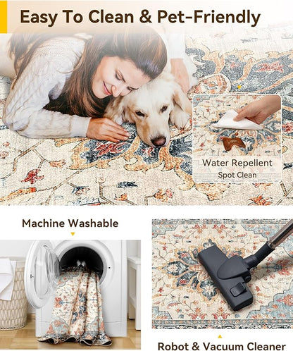 RELEANY Area Rugs 3'x5' Washable Non-Slip, Floral Vintage Distress Medallion Carpet for Living Room Bedroom Dining Room, Beige Navy Blue Orange Colorful