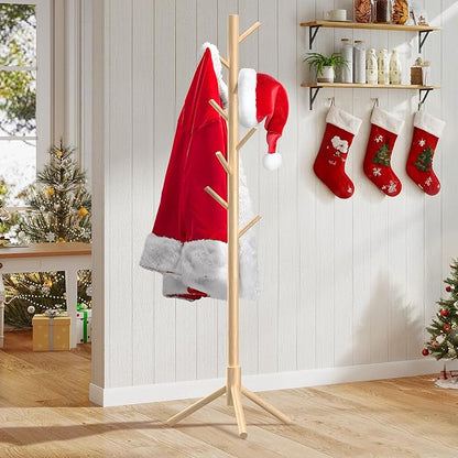 Wooden Coat Rack Stand, Freestanding Coat Rack with 8 Hooks, 3 Adjustable Size Coat Tree for Hats, Coats, Scarves bags, Coat Hanger Stand Used in Bedroom/Office/Entryway (Natural)