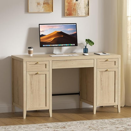 52" Executive Desk with Storage Drawer, Farmhouse Home Office Desk with Storage Cabinet Wood Computer Writing Desk for Study Office, Light Oak