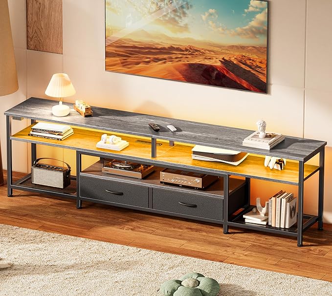 Huuger TV Stand for 75 80 Inch TV, Entertainment Center with Power Outlets and LED Lights, 70.9 Inch TV Console for Living Room, Media Console with Drawers and Shelves, Grey