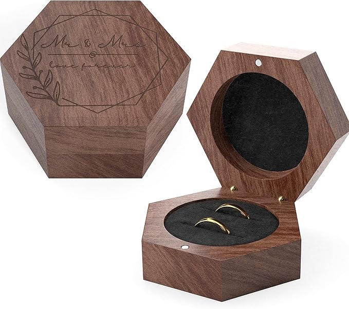 Rustic Wedding Ring Box for Wedding Ceremony Registry 2 Slots | Wooden Ring Holder for Ring Bearer Box & Ring Bearer Pillows | Engagement Ring Box for Proposal, Jewelry Box & Jewelry Organizer Gifts