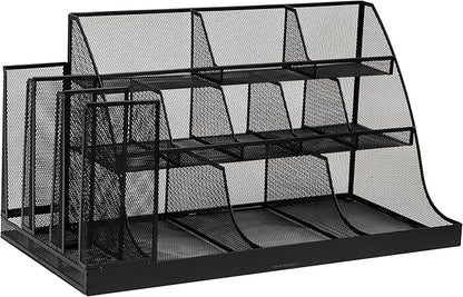 Mind Reader Cup and Condiment Station, Breakroom Countertop Organizer, 3-Tier Storage for Office Coffee Stations and Shared Spaces, Metal Mesh, Black
