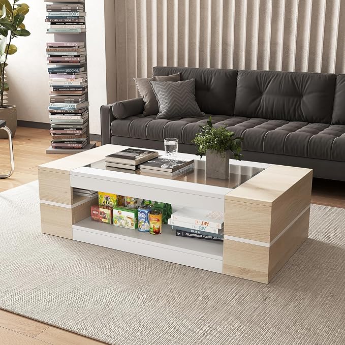 HedoAjim 47.2" Modern Stylish Coffee Table with Glass Table Top, Large Living Room Table Rectangular 2-Tier Center Tables with Storage, Wood Cocktail Tea Tables for Dining Reception Room Natural