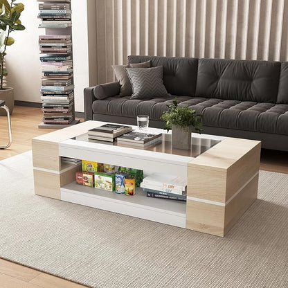 HedoAjim 47.2" Modern Stylish Coffee Table with Glass Table Top, Large Living Room Table Rectangular 2-Tier Center Tables with Storage, Wood Cocktail Tea Tables for Dining Reception Room Natural