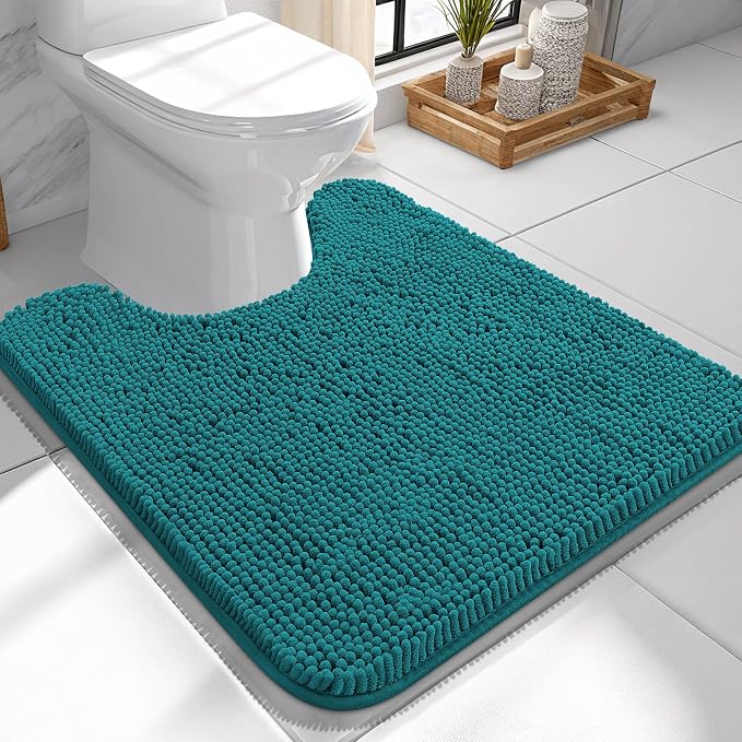 OLANLY Toilet Rugs U-Shaped 24x24, Extra Soft Absorbent Chenille Contour Bathroom Rugs for Toilet, Dry Quickly, Machine Washable, Non-Slip Bath Mat, Deep Lake
