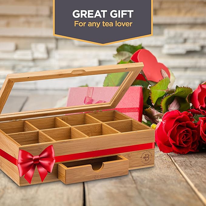 Personalized Tea Bag Organizer - Custom Engraved Bamboo Tea Box Organizer, 8-Compartment Tea Box with Magnetic Acrylic Lid, Mothers Day Gifts for Mom, Grandma Gift Wife Gift, Tea Lover Gift by Bambusi