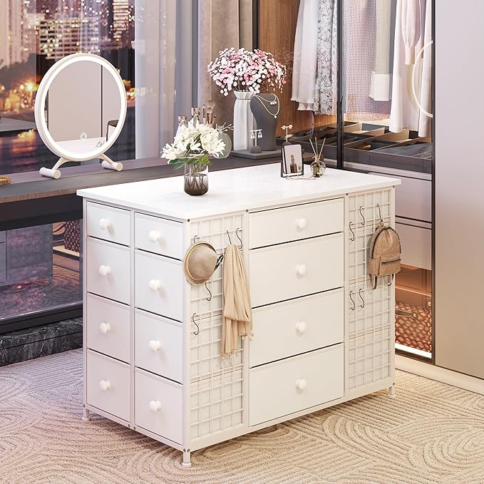 EnHomee 24 Drawers White Dresser for Bedroom, Dressers & Chests of Drawers with 4 Wheels and 40“ * 23” Wide Wooden Top, Metal Frame, Organizer Island with Hooks for Bedroom, Cloakroom, Dressing Room