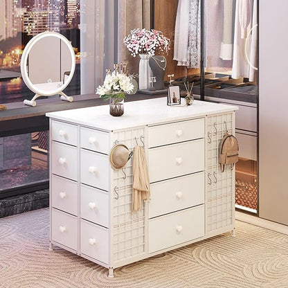EnHomee 24 Drawers White Dresser for Bedroom, Dressers & Chests of Drawers with 4 Wheels and 40“ * 23” Wide Wooden Top, Metal Frame, Organizer Island with Hooks for Bedroom, Cloakroom, Dressing Room