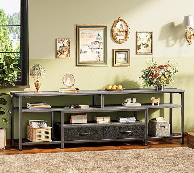 Huuger 63 Inch LED TV Stand for 65 70 Inch TV, Entertainment Center with Open Shelves and Power Outlets, TV Console for Living Room, Media Console with Drawers, Grey, 8779HC