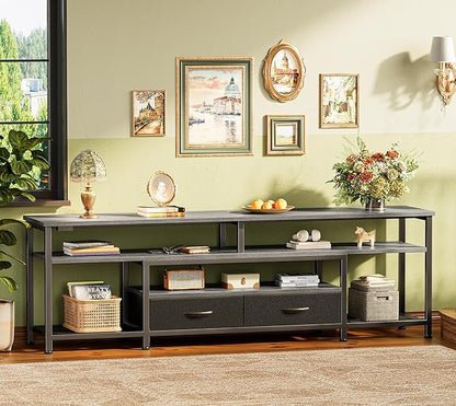 Huuger 63 Inch LED TV Stand for 65 70 Inch TV, Entertainment Center with Open Shelves and Power Outlets, TV Console for Living Room, Media Console with Drawers, Grey, 8779HC