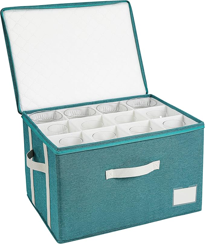 Stemware Storage Cases,Wine Glass Storage Box,with Dividers,Holds 12 Red or White Wine Glasses, Durable Glassware Storage Containers for Crystal or Stemware (Green white, Stemware storage cases)