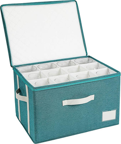 Stemware Storage Cases,Wine Glass Storage Box,with Dividers,Holds 12 Red or White Wine Glasses, Durable Glassware Storage Containers for Crystal or Stemware (Green white, Stemware storage cases)