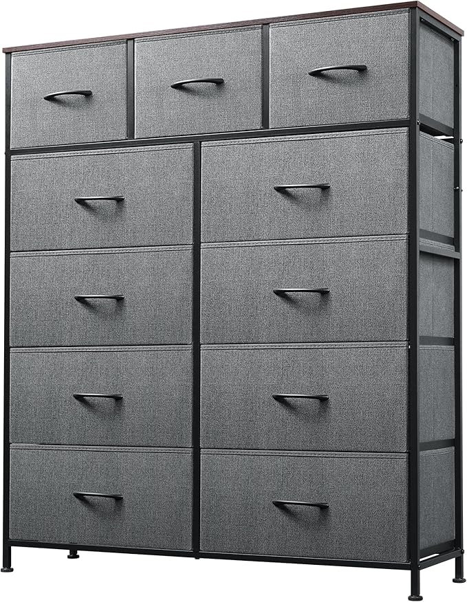 Tall Console Table with 11 Fabric Drawers, Entryway Table with Storage, Tall Storage Organizer with Wood Top, Steel Frame for Living Room, Hallway, Office, Dark Grey