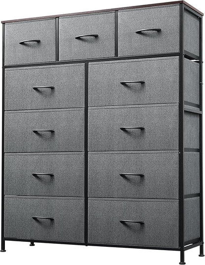 Tall Console Table with 11 Fabric Drawers, Entryway Table with Storage, Tall Storage Organizer with Wood Top, Steel Frame for Living Room, Hallway, Office, Dark Grey