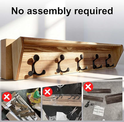 SKOLOO Wall Shelf with Hooks, 35-Inch Coat Rack Wall Mount with Shelf Organizer - Heavy Duty, 5 Tri Hooks - Perfect for Entryway, Hallway, Living Room, Bedroom, Mudroom, Wood Brown & Black
